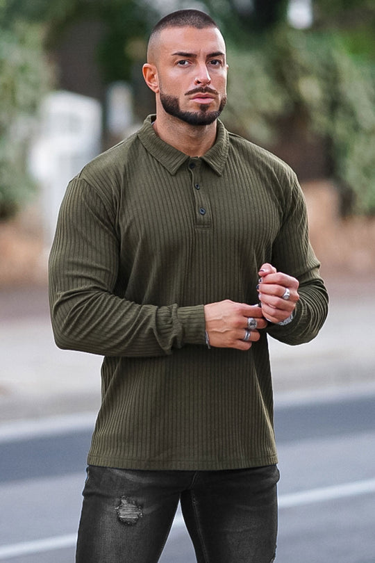 Men's Long Sleeve Polo Shirt - Green & Black