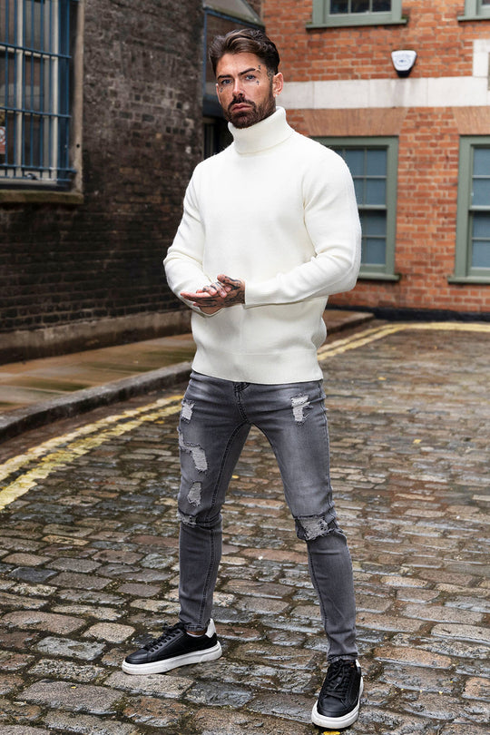 Men's White Turtleneck Sweater - Slim Fit