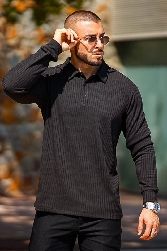 Men's Long Sleeve Polo Shirt - Green & Black