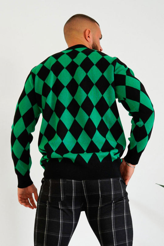 Men's Plaid Weater - Green & Round Neck