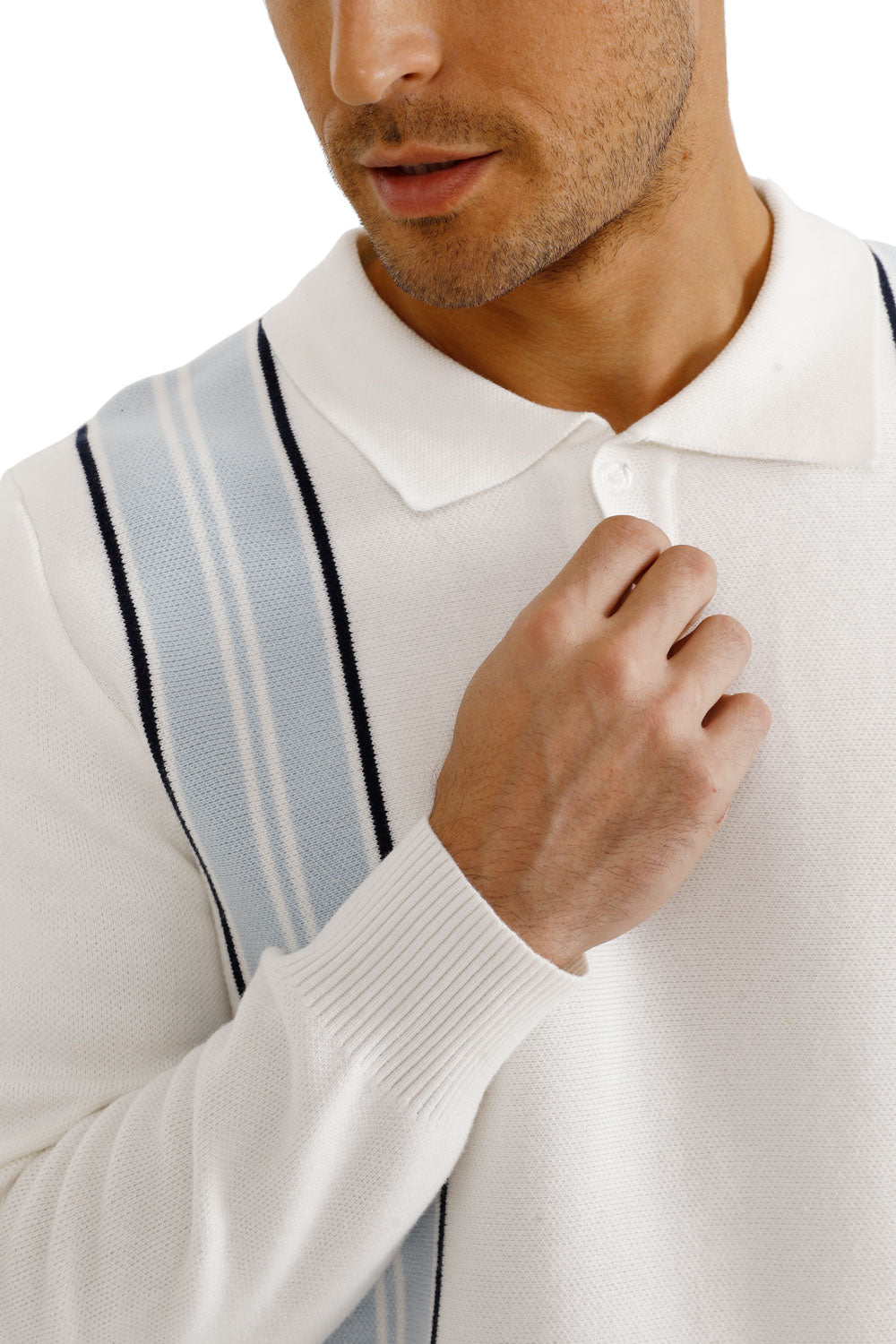 Men's Button Knitted Sweater - White & Dark Blue