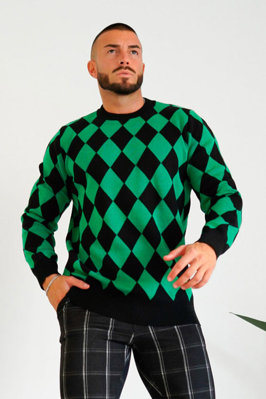 Men's Plaid Weater - Green & Round Neck