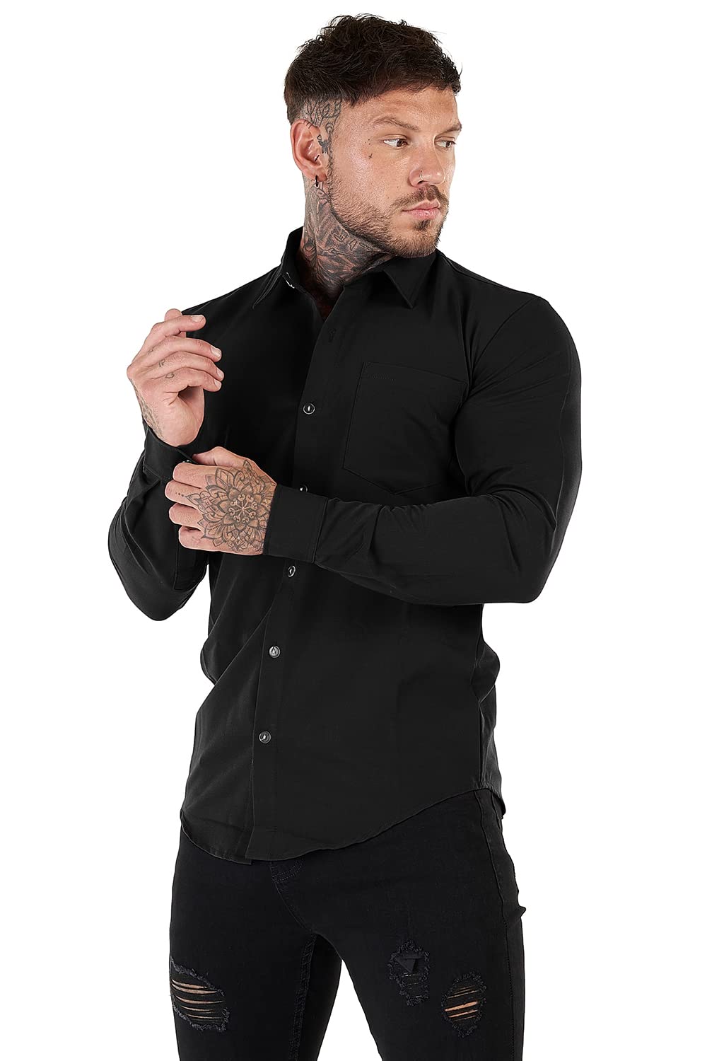 Gingtto Mens Fashion Long Sleeve Black Shirt With Button For Men