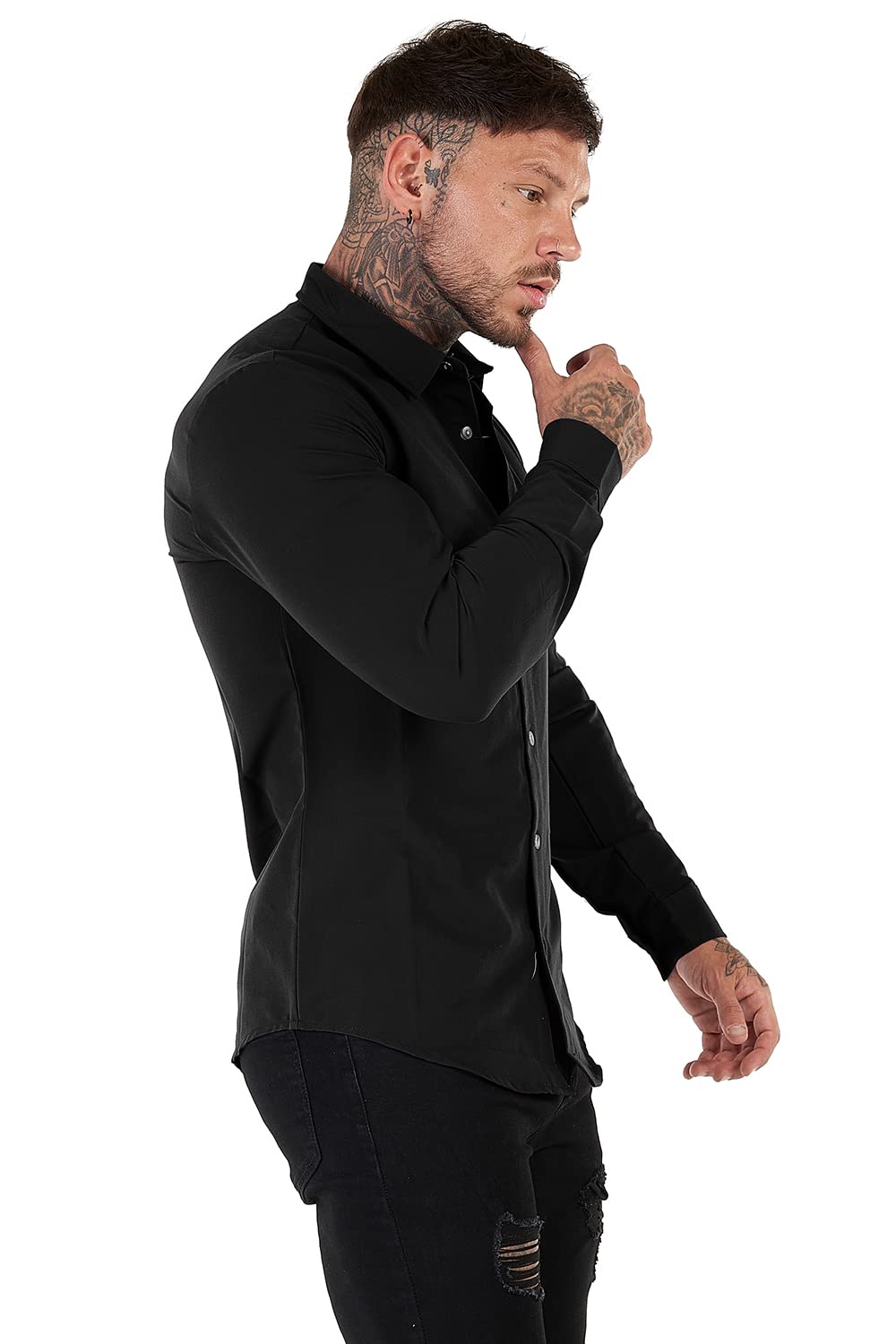 Gingtto Mens Fashion Long Sleeve Black Shirt With Button For Men