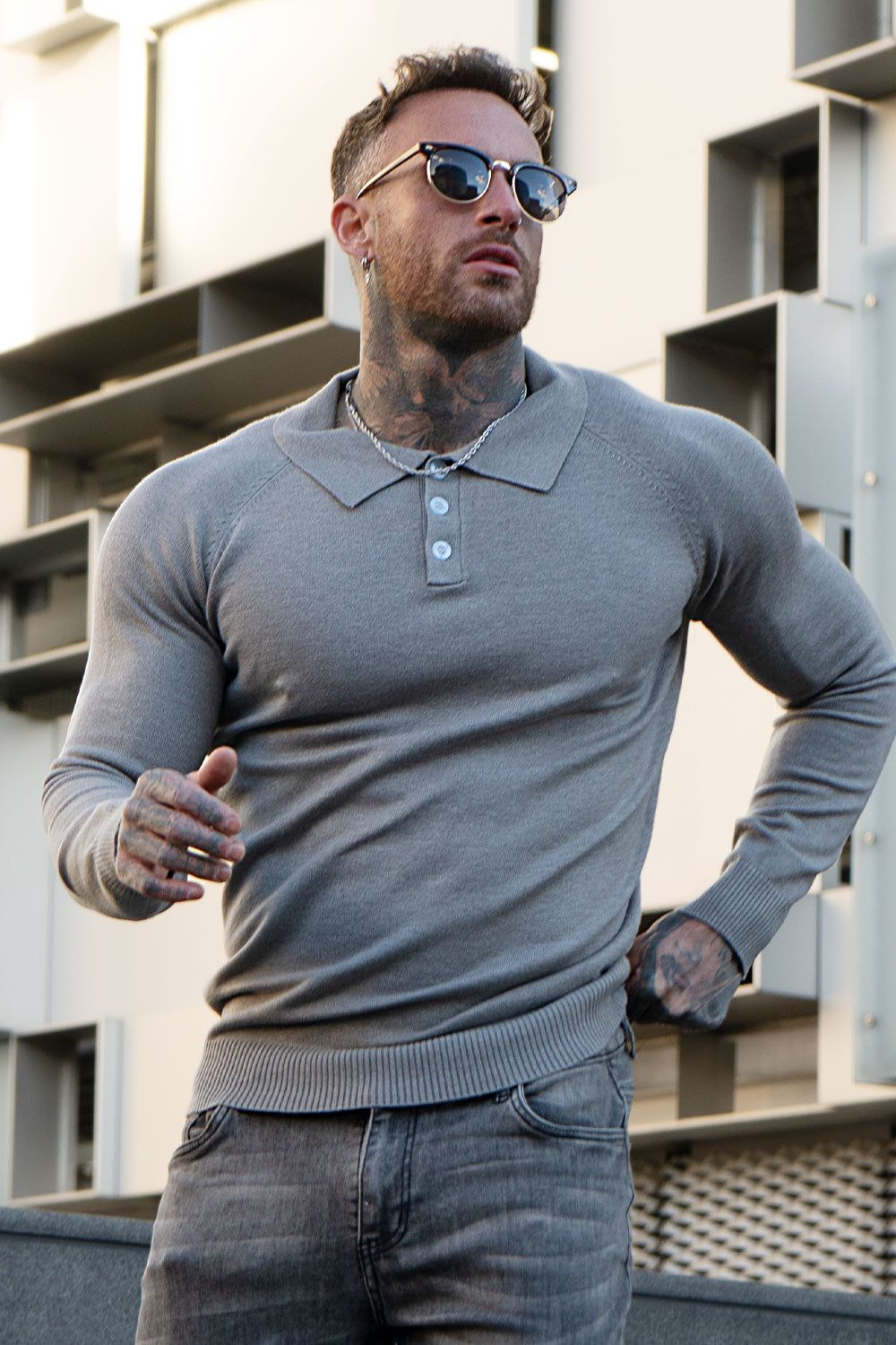 Classic Long Sleeve Polo Shirt - Gray